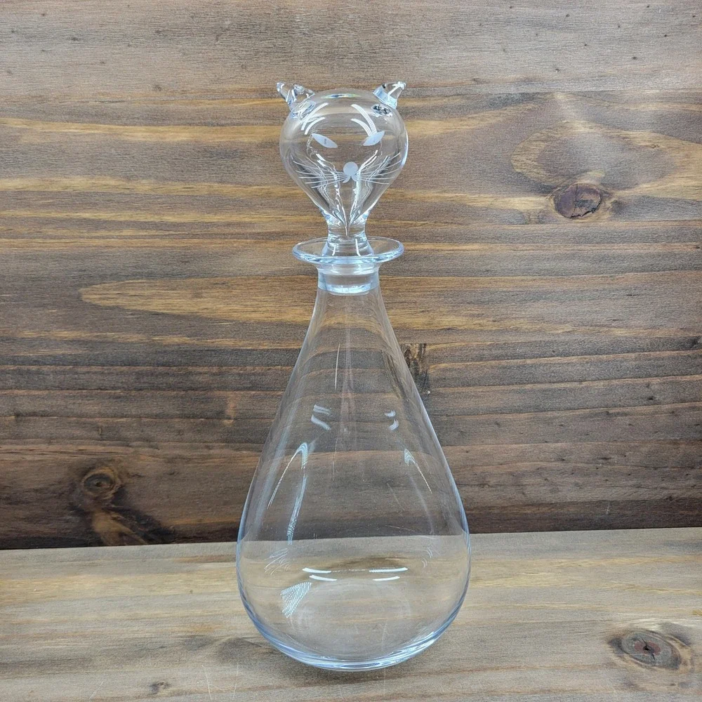 VTG Orrefors Cat Head Crystal Decanter Bottle MCM Barware Signed Sven Palmquist